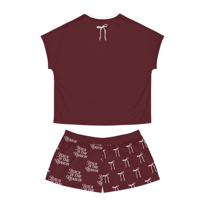 Jesus Is the Reason Bow 2-Piece Short Pajama Set in Burgundy