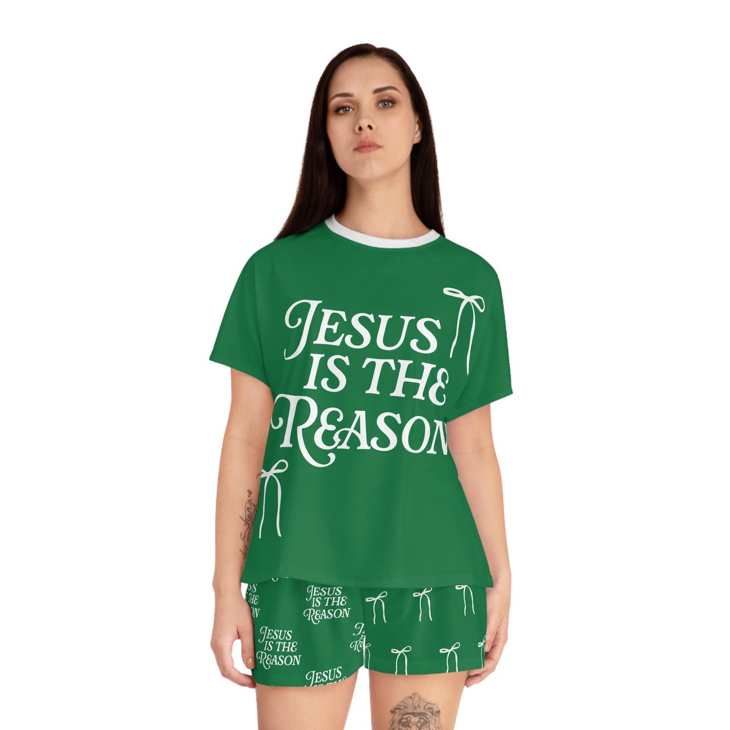 Jesus Is the Reason Bow 2-Piece Short Pajama Set in Green