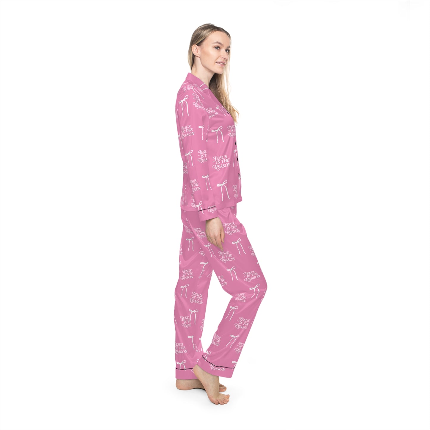 Jesus Is the Reason Bow Women's Satin Pajamas Set in Pink