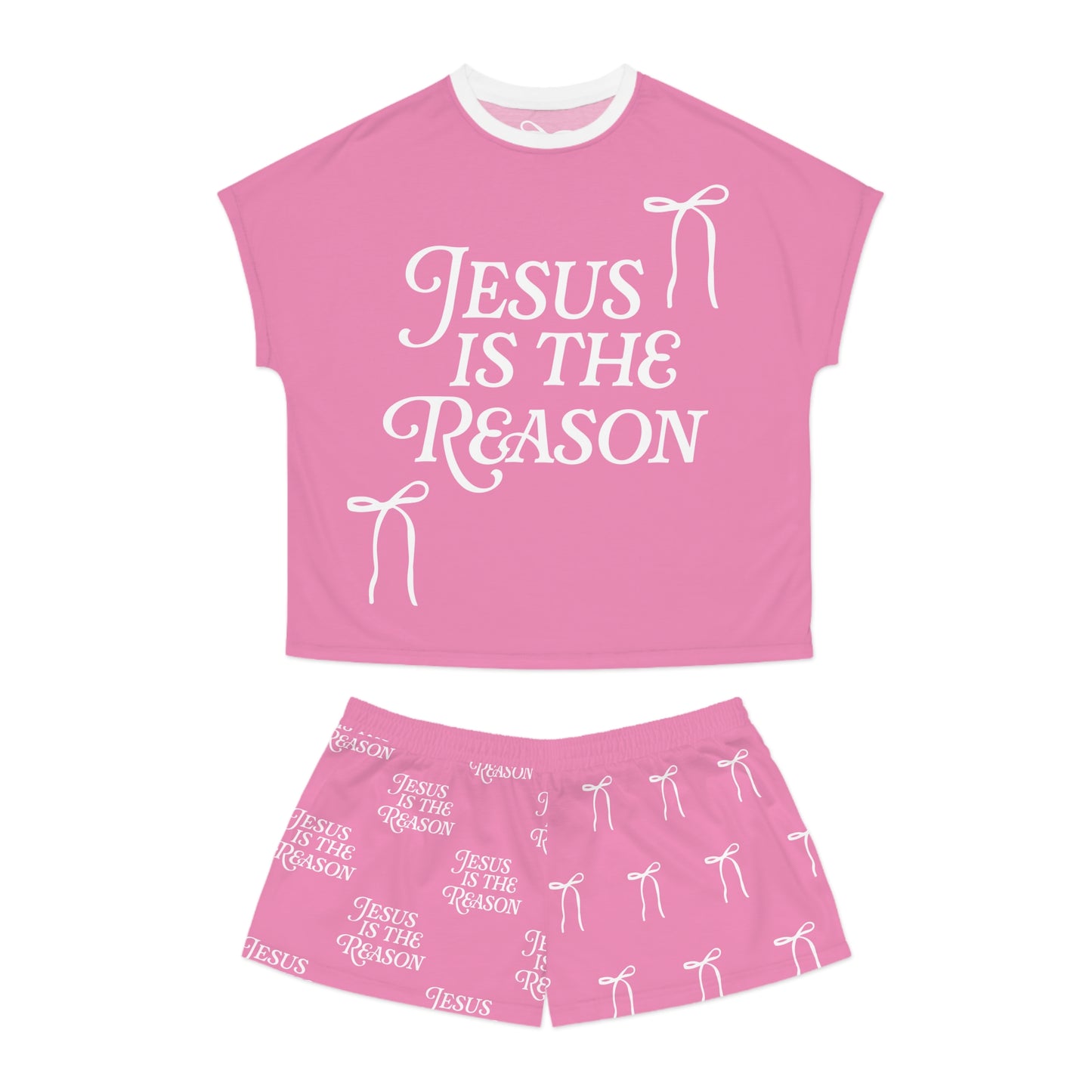 Jesus Is the Reason Bow 2-Piece Short Pajama Set in Pink