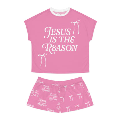 Jesus Is the Reason Bow 2-Piece Short Pajama Set in Pink