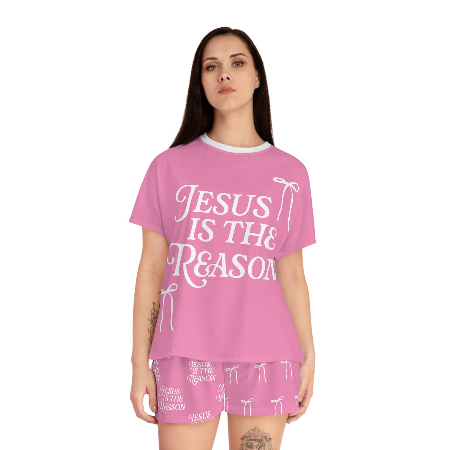 Jesus Is the Reason Bow 2-Piece Short Pajama Set in Pink