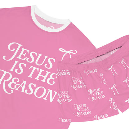 Jesus Is the Reason Bow 2-Piece Short Pajama Set in Pink