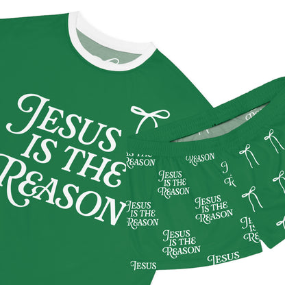 Jesus Is the Reason Bow 2-Piece Short Pajama Set in Green