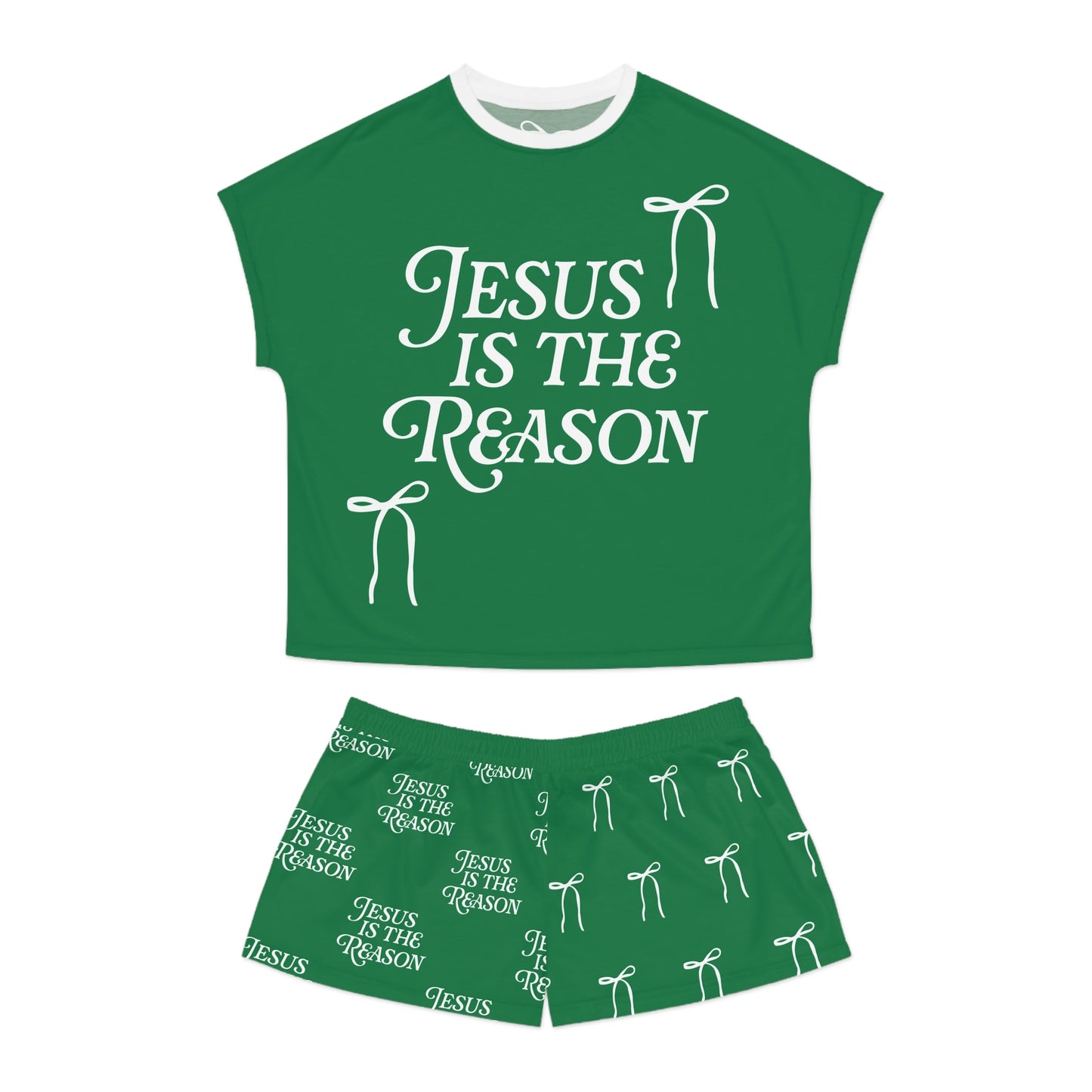 Jesus Is the Reason Bow 2-Piece Short Pajama Set in Green