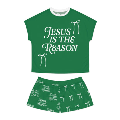 Jesus Is the Reason Bow 2-Piece Short Pajama Set in Green