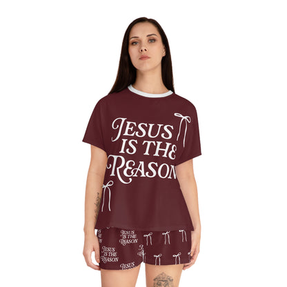 Jesus Is the Reason Bow 2-Piece Short Pajama Set in Burgundy