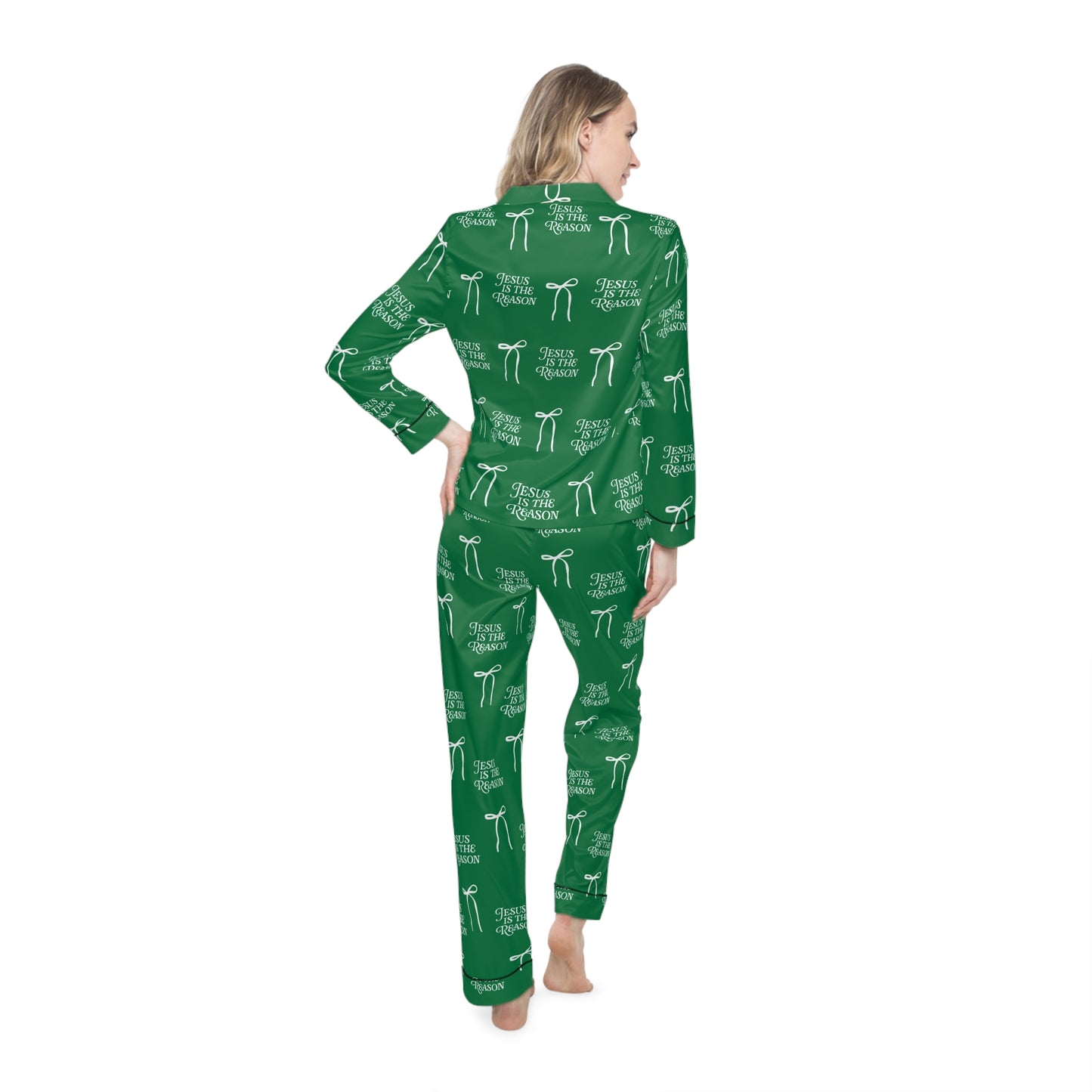 Jesus Is the Reason Bow Women's Satin Pajamas Set | Green