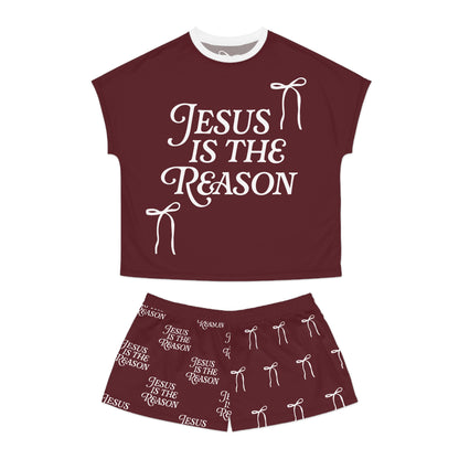 Jesus Is the Reason Bow 2-Piece Short Pajama Set in Burgundy