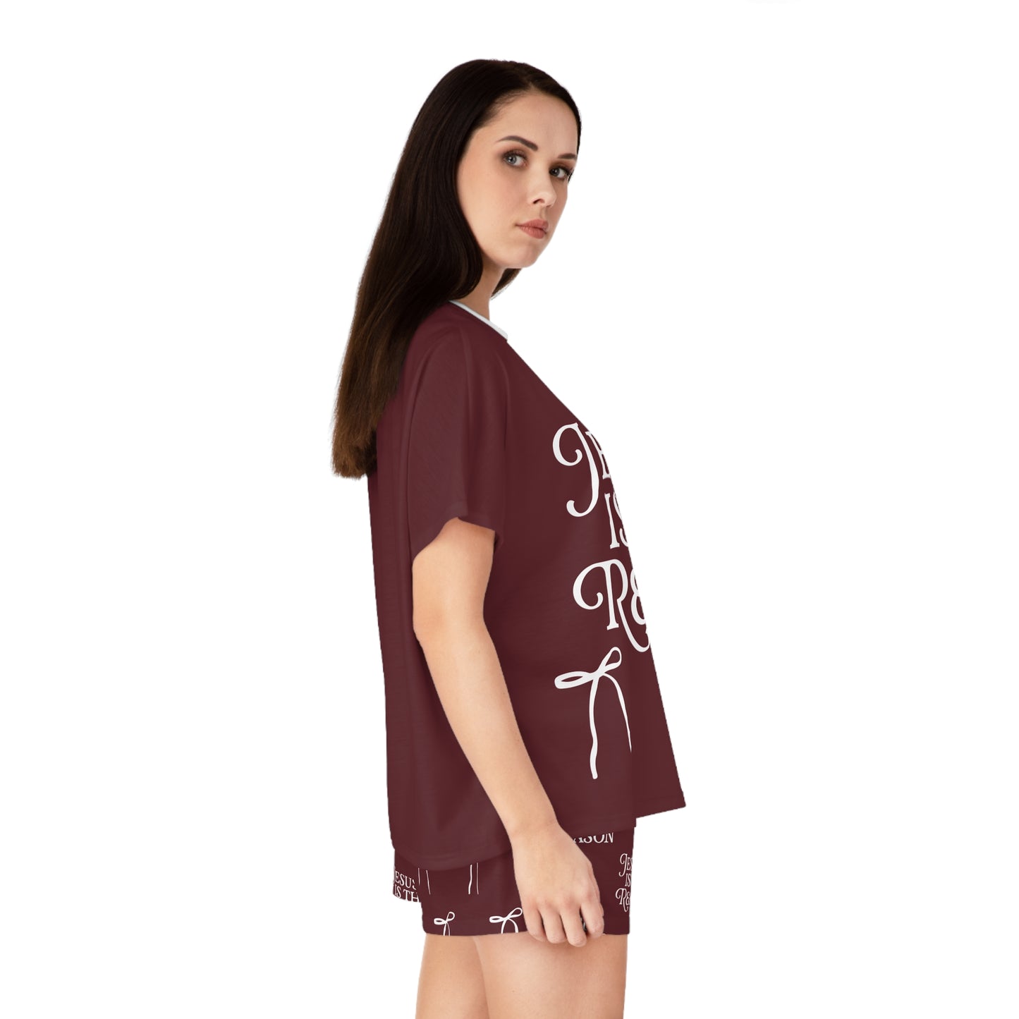 Jesus Is the Reason Bow 2-Piece Short Pajama Set in Burgundy