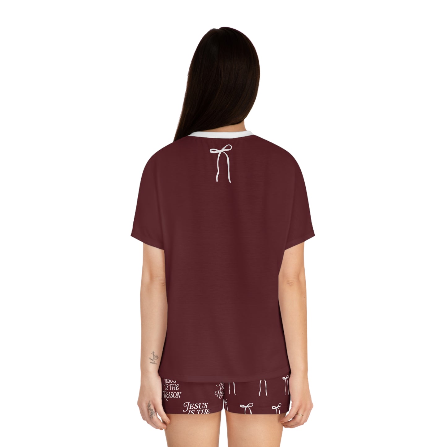 Jesus Is the Reason Bow 2-Piece Short Pajama Set in Burgundy