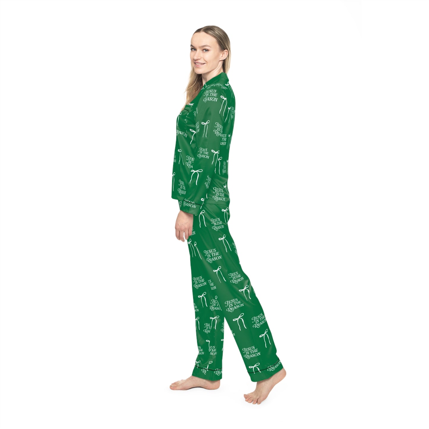 Jesus Is the Reason Bow Women's Satin Pajamas Set | Green