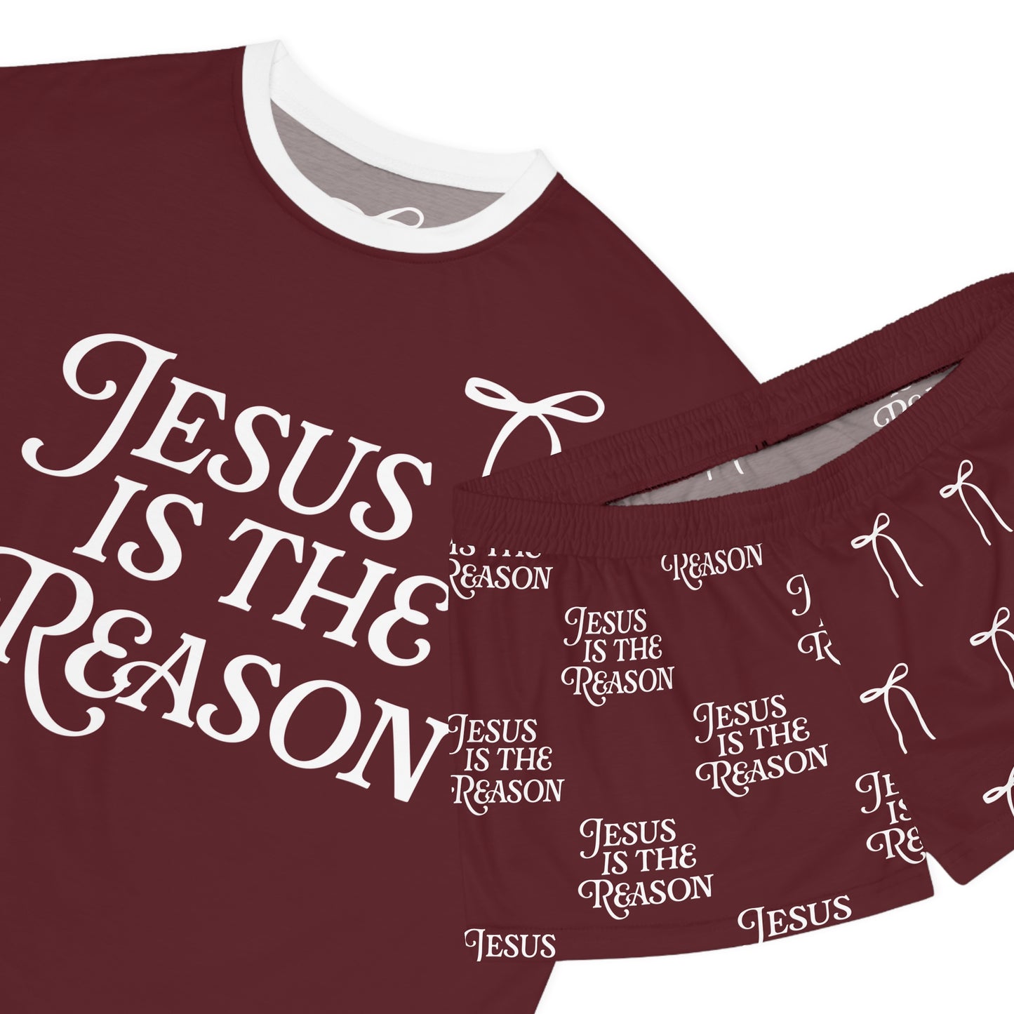 Jesus Is the Reason Bow 2-Piece Short Pajama Set in Burgundy