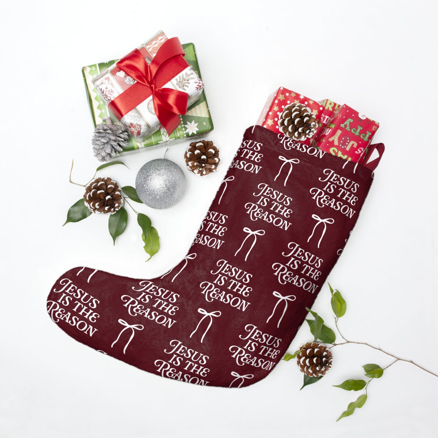 Jesus is The Reason | Christmas Stocking in Burgundy