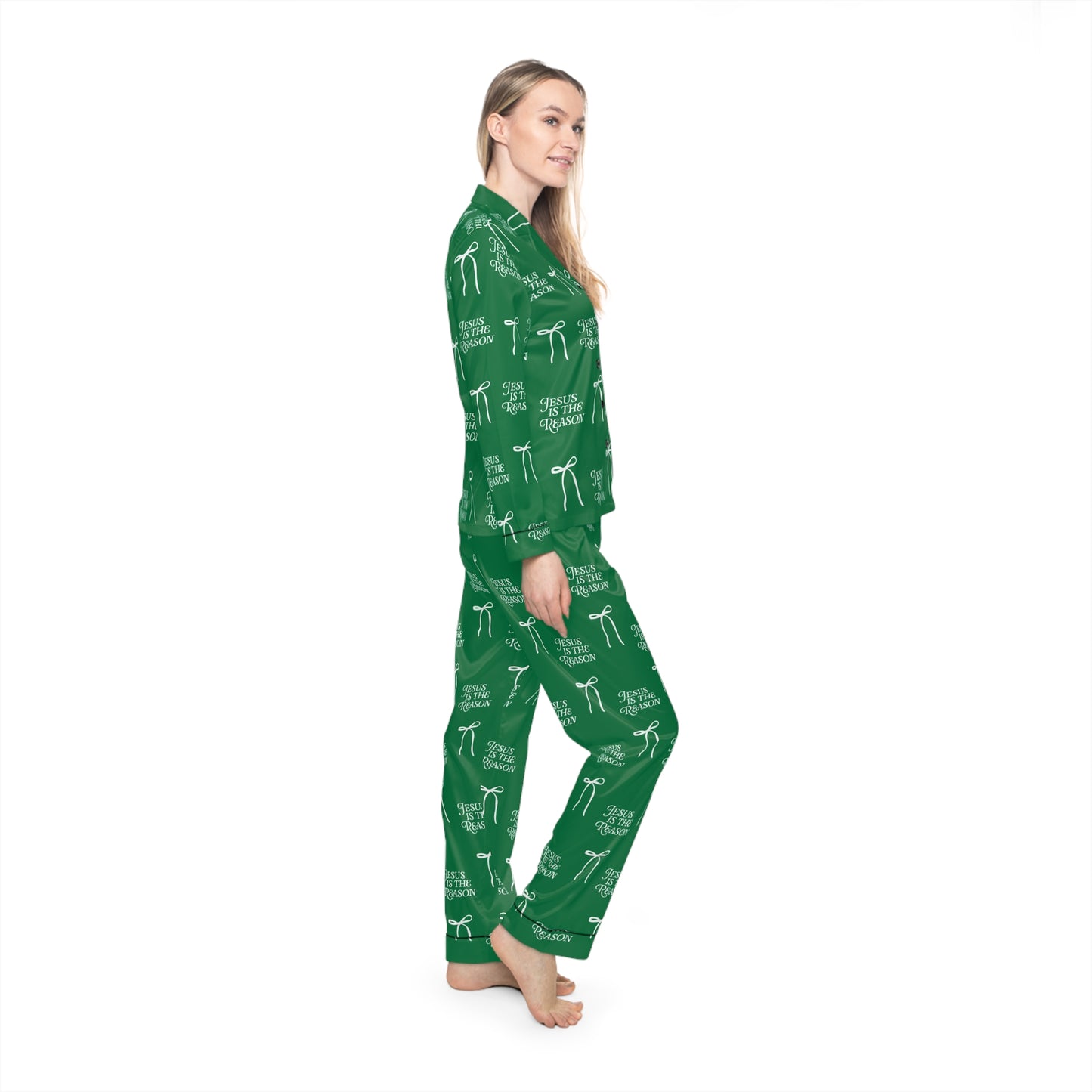 Jesus Is the Reason Bow Women's Satin Pajamas Set | Green