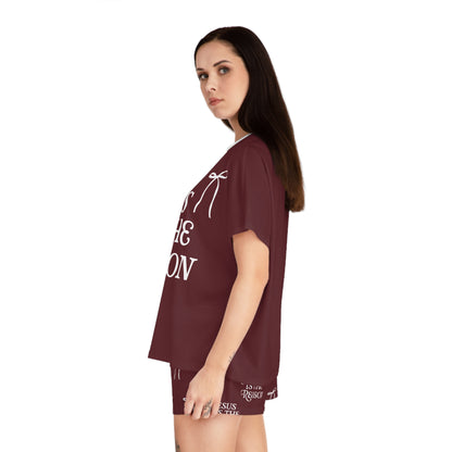 Jesus Is the Reason Bow 2-Piece Short Pajama Set in Burgundy